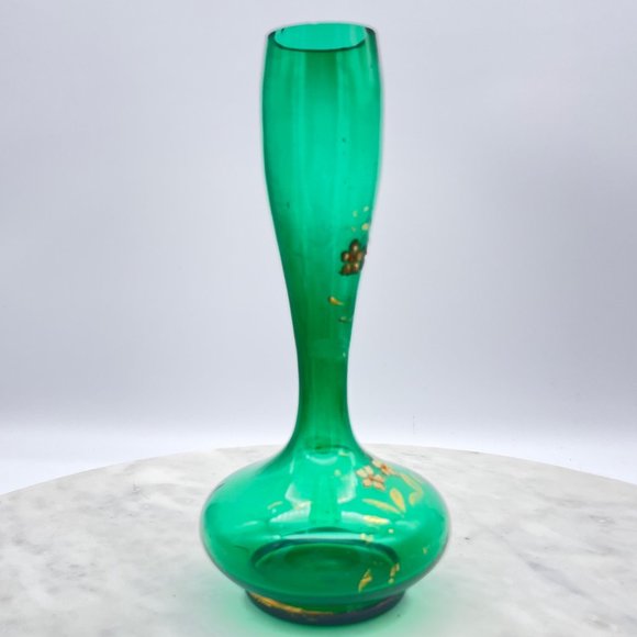 Emerald Green Bohemian Glass Bud Vase Pair Hand Blown Painted Fluted Unique Vint - Picture 10 of 14